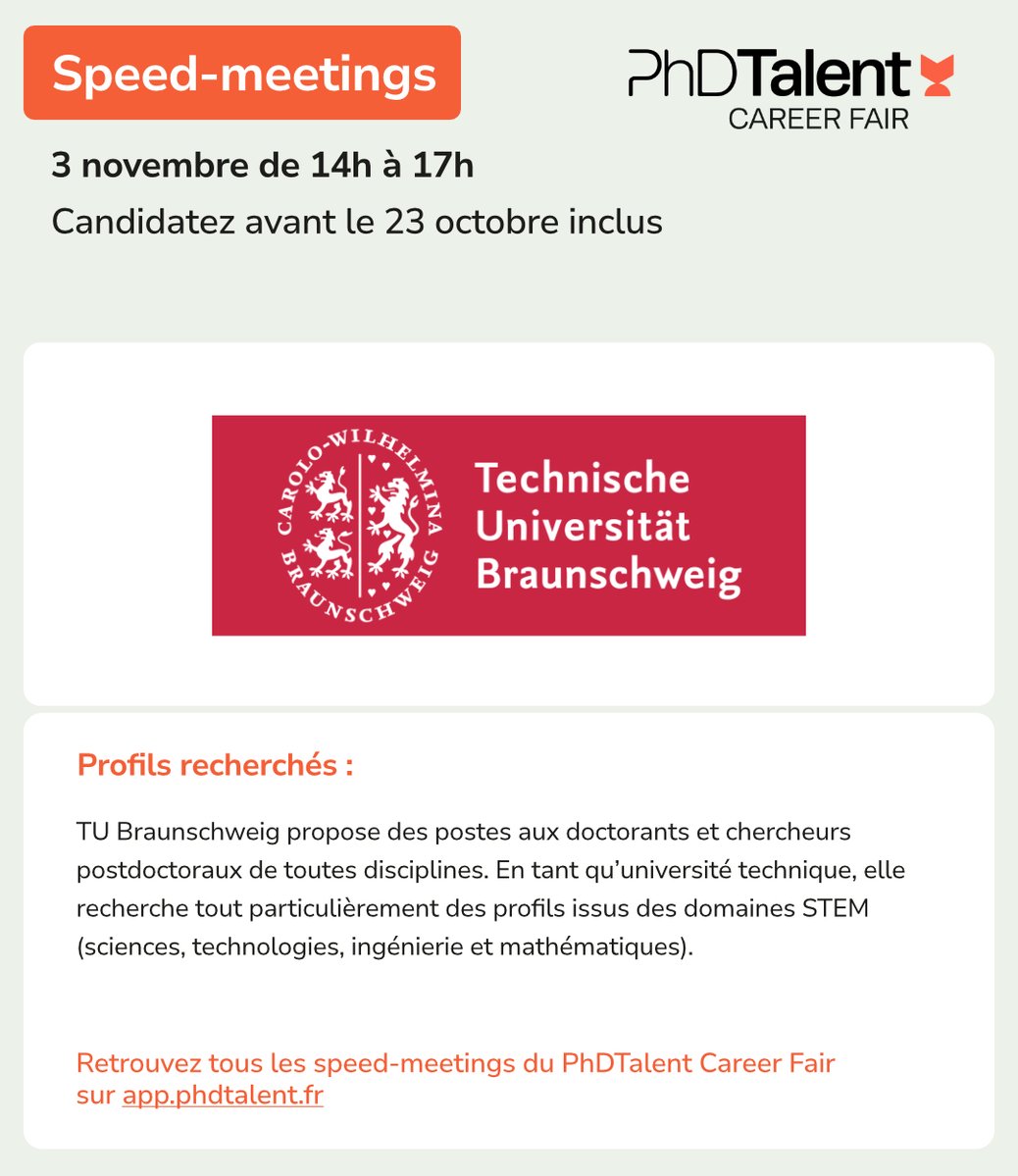 PhDTalent's tweet photo. 1/3

📣 #PhD, certains speed-meetings du @PhDTalent Career Fair 2026 sont déjà ouverts aux candidatures !

À la #recherche d'un #emploi ?

Consultez la liste des #entreprises désireuses de vous rencontrer pendant l'événement !

👉 https://t.co/ALbg567rLu https://t.co/hOxYH1Azrb
