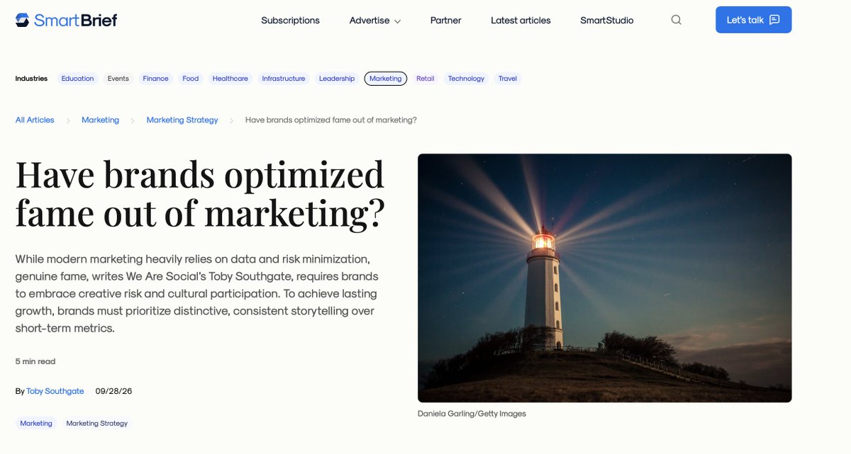 Vic_GrayPhantom's tweet photo. A firework is the most predictable thing in the sky.
You know exactly what it will do, exactly when, and that it ends. Toby Southgate uses it as his image for the unpredictable spike, the flash of fame that burns out, and argues brands should aim to be lighthouses instead. He is right about the lighthouse. But the metaphor turns on him, because a firework is not a failure of nerve. It is a schedule.

That is the actual problem, and it is not that the industry avoids risk. It is that an industry that promises surprise manufactures it by looking backward. Optimization can only learn from what already happened. A consumer who expects to be surprised and delighted, who expects the system to reflect where their life is going, gets served the most statistically reliable version of where it has been. The output is a firework: bright, scheduled, gone.

And there is a second thing the industry gets wrong, which the data has already settled.

Kantar BrandZ ran the numbers across twelve years, 3.6 million interviews, 122,000 brands, 51 markets. Creativity alone: +69% brand value. Disruption alone: +123%. The two together: +154%. All three, with great advertising: +265%.

The jump is not in any one of them. It is in the combination.

The industry has all three ingredients. It buys creativity, it funds disruption, it produces advertising. It just runs them as separate line items, on infrastructure built for a consumer who no longer exists, in a market so saturated that each one alone barely clears the noise. Then it pays for all three and wonders why the recall is thin.

Southgate's answer is to tolerate more risk and trust your creatives. That is the one sentence a marketing director cannot take to a CFO.

The better answer is not more nerve. It is combination, and the discipline to open space nobody is competing for rather than buying a louder position in space everyone already occupies.

Fireworks are scheduled. Lighthouses are built.

Víctor Luis Pérez
Gray Phantom Consulting LLC