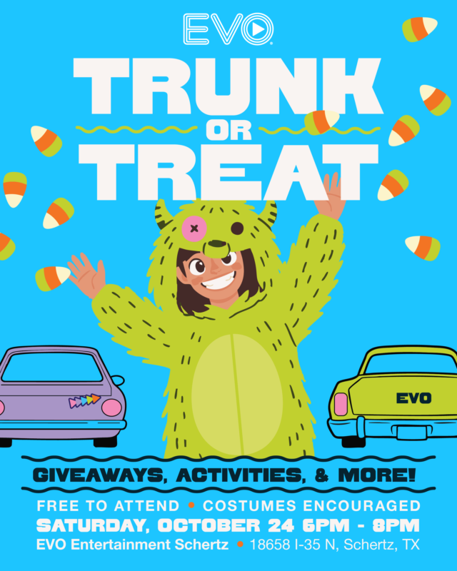 evocinemas's tweet photo. Join us at EVO Kyle on October 23rd and EVO Schertz on October 24th for our Trunk or Treat! 👻🎃🪄
ㅤ
The event is free for all to attend and will have giveaways, activities, and more. Mark your calendars and get your costumes ready! https://t.co/2brbGHrUgd