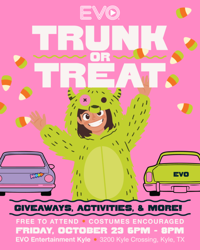 evocinemas's tweet photo. Join us at EVO Kyle on October 23rd and EVO Schertz on October 24th for our Trunk or Treat! 👻🎃🪄
ㅤ
The event is free for all to attend and will have giveaways, activities, and more. Mark your calendars and get your costumes ready! https://t.co/2brbGHrUgd