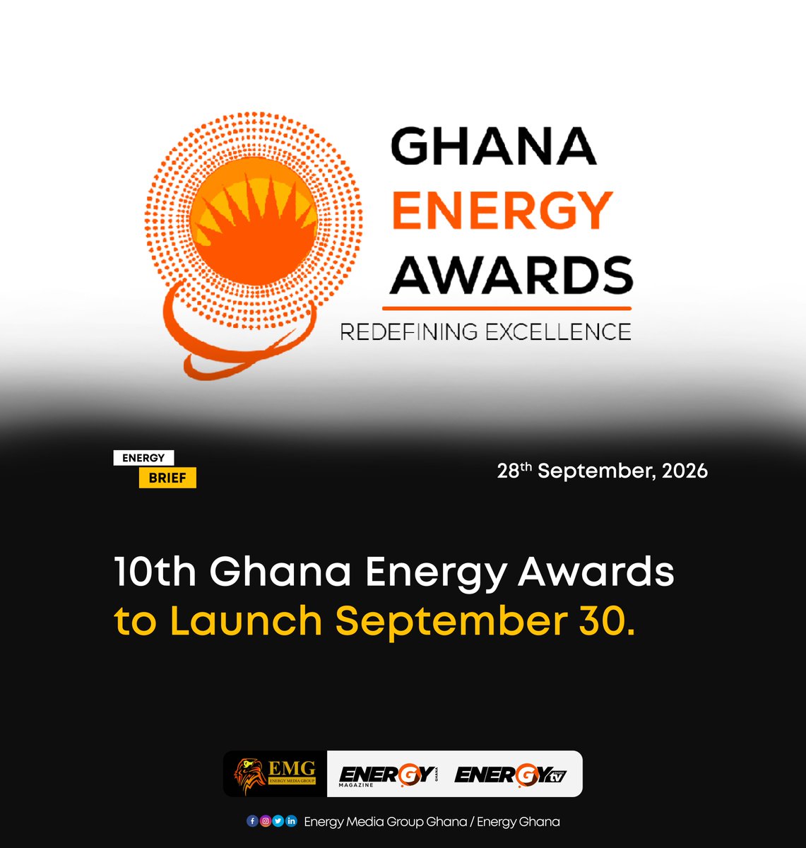 _EnergyGhana's tweet photo. The 10th Ghana Energy Awards is set to be launched on September 30 at the Airport View Hotel in Accra.
Organised by Energy Media Group, the launch will bring together stakeholders from Ghana’s power, petroleum and ... Read more at https://t.co/v9J2wN3P6n https://t.co/sWUUjiUdPq