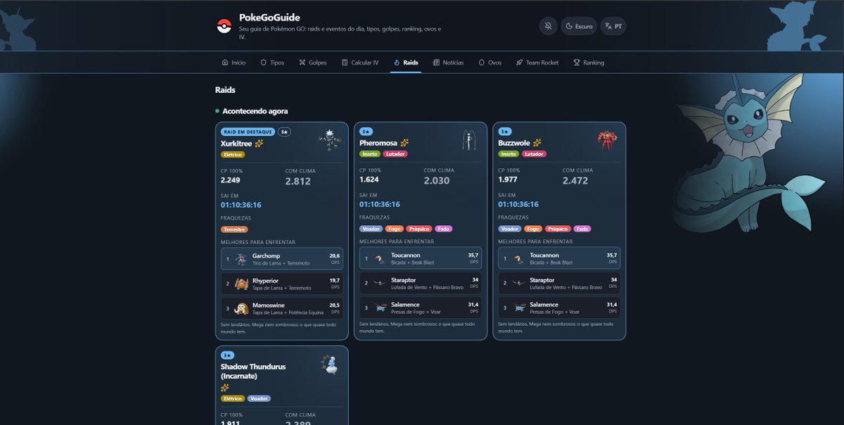 enzonees's tweet photo. Na aba de raids aparece o que tá rolando agora: quanto tempo falta pro chefe sair, o CP de 100% (normal e com clima) e os 3 melhores Pokémon pra levar.

Tem Batalhas Max também, com os Dinamax que valem a pena contra cada chefe. https://t.co/HMhWdojHTv