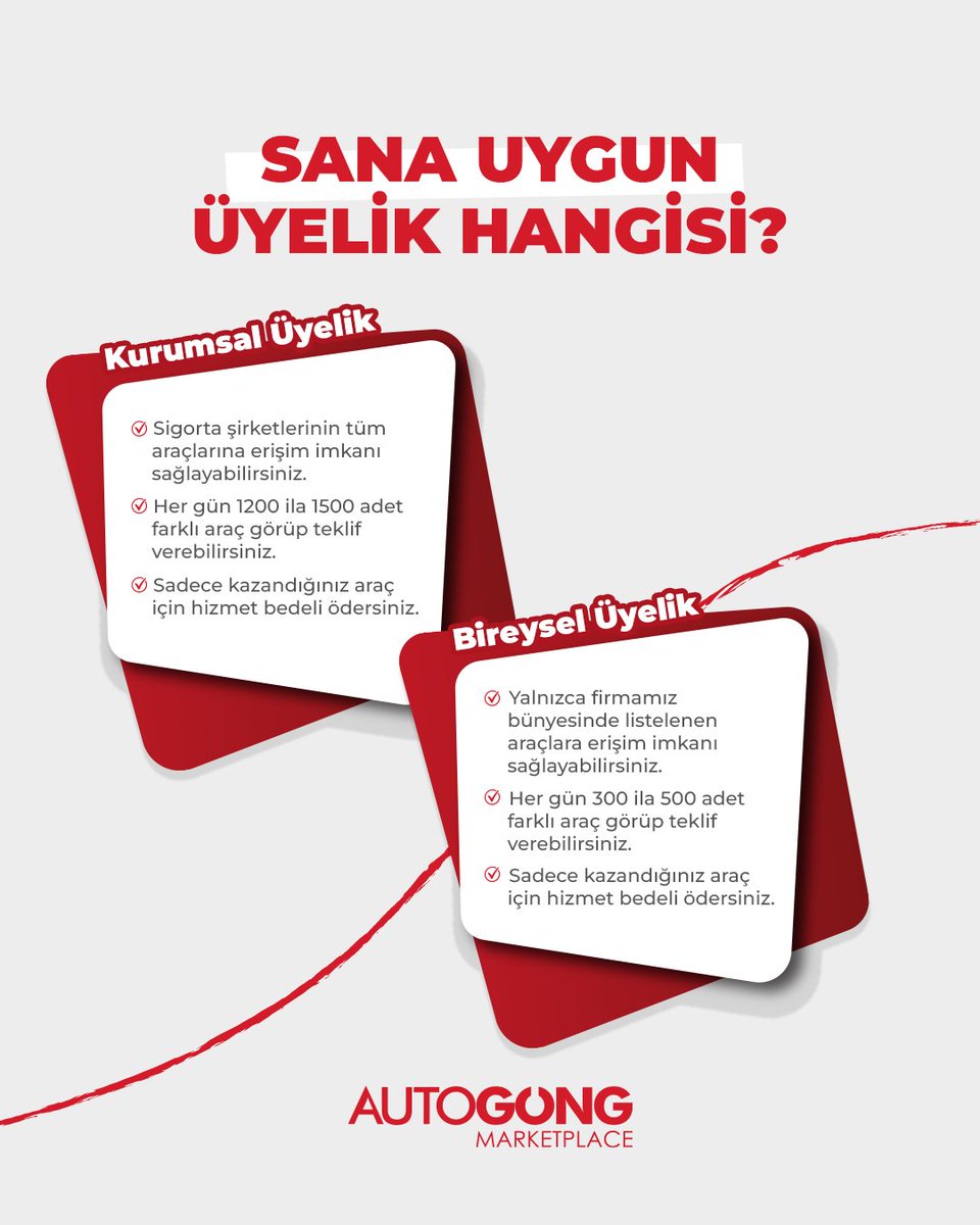 AUTOGONG's tweet photo. Autogong’ta ihtiyaçlarınıza uygun üyelik modelini seçin!

Kurumsal ve Bireysel Üyelik seçeneklerinin sunduğu avantajları inceleyin, size en uygun üyelikle hasarlı araç ihalelerine hemen katılın.
.
.
.
#hasarlıaraç #araçihalesi #pertaraç #otoihale #autogong #üyelik https://t.co/uTOomzTrCj