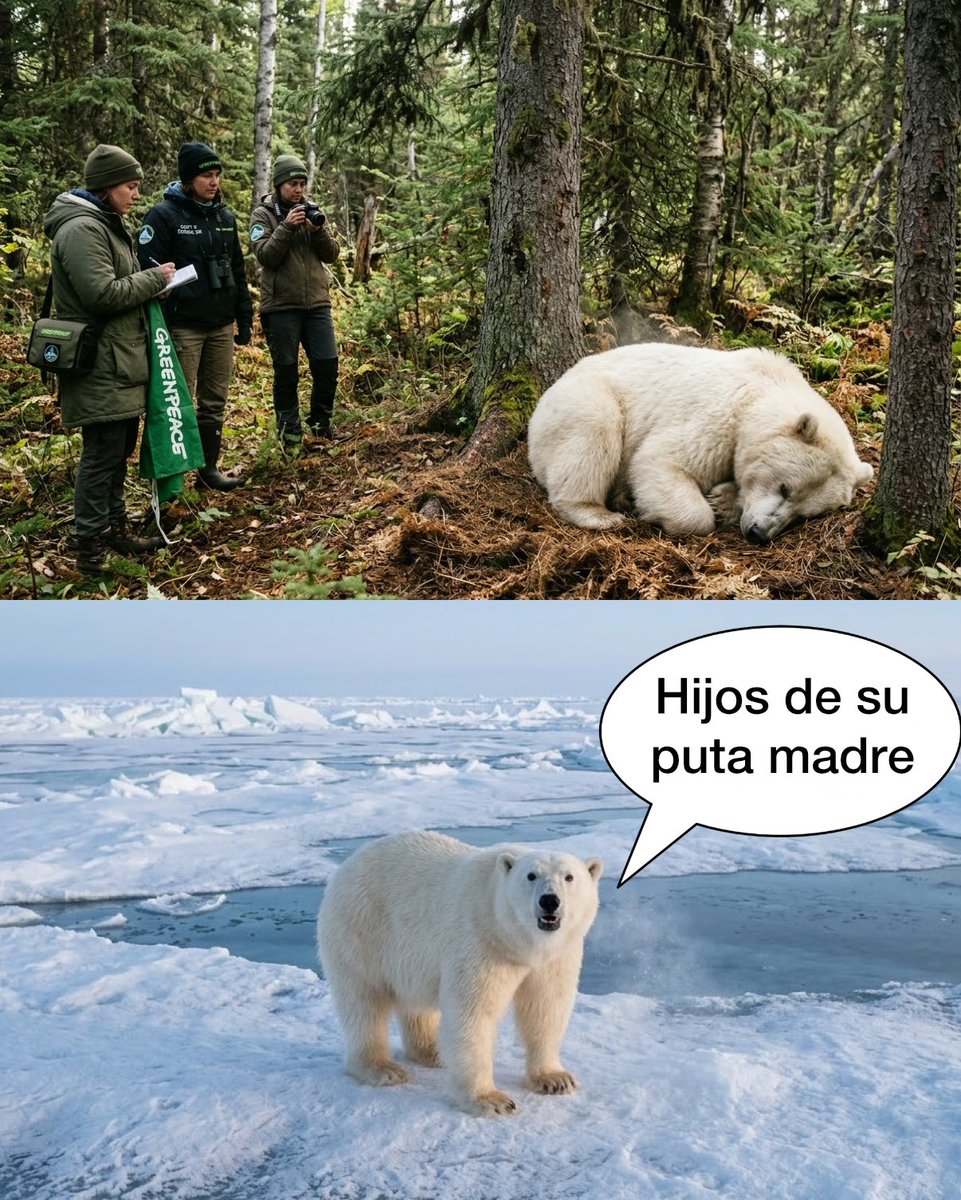Dios_0ficial's tweet photo. Imagínate que eres un oso grizzly albino echando la siesta bien a gusto en el bosque y que despiertes en algún lugar del círculo polar ártico porque unos ojetes de Greenpeace te “rescataron”. https://t.co/IPunMoO06x