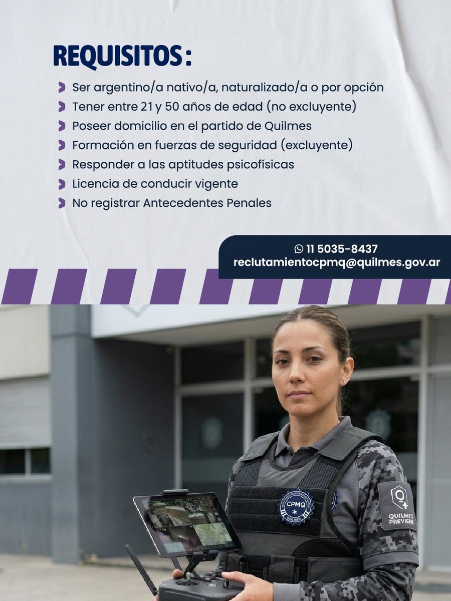 QuilmesMuni's tweet photo. Abrimos la convocatoria para incorporarse al Comando de Prevención Municipal de Quilmes, una nueva fuerza financiada con inversión 100% municipal.

Conocé los requisitos e inscribite en https://t.co/C5YsWIGYtr

La convocatoria permanecerá abierta hasta el 30 de octubre inclusive. https://t.co/p4GGR928EZ
