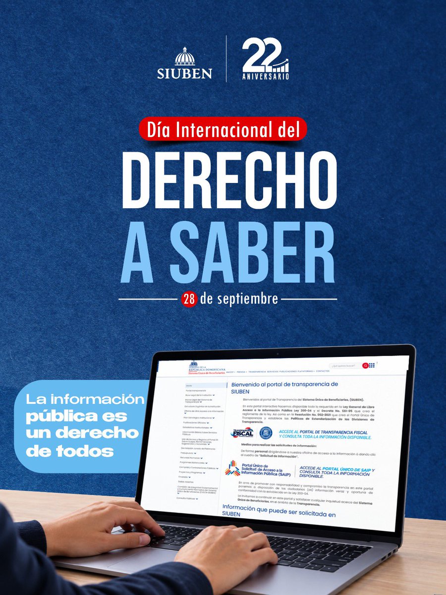 SiubenRD's tweet photo. En SIUBEN estamos comprometidos con garantizar el acceso a la información, facilitando a la ciudadanía datos claros, oportunos y accesibles , y fortaleciendo una cultura basada en la transparencia, la participación y la confianza. 

#SIUBENRD #EficienciaYCalidad #Transparencia https://t.co/hQG945bgLv