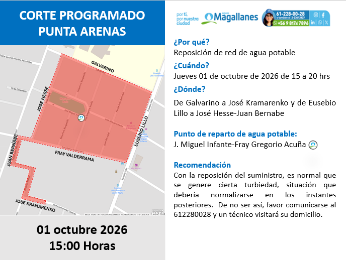 AguasMagallanes's tweet photo. #PuntaArenas, por obras de mejoramiento, el 01 de octubre se realizará corte programado desde las 15:00 hasta las 20:00 horas. Sector comprendido: De Galvarino a Jose Kramarenko y de Eusebio Lillo a José Hesse- Juan Bernabé. https://t.co/qgH3xRQxhs