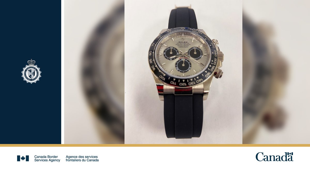 CanBorderPRA's tweet photo. #CBSA at #YYC Calgary International Airport seized an undeclared luxury watch worth $80K from a traveller, who paid a $20K penalty and $8K in duties &amp; taxes for its return.

Always declare goods bought or received abroad: https://t.co/suWrHptW1z #IDeclare https://t.co/s5dfFXx2Hk