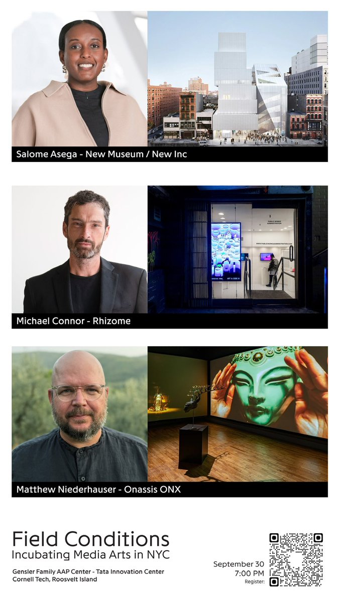 mhui1109's tweet photo. best nyc tech x culture events this week 9/28:

wed 9/30:
- field conditions: Incubating media arts in nyc (w/ @newmuseum & rhizome, prominent nyc new media orgs!!)

thu oct 1:
- ai demos: media w/ @ElevenLabs @profound and more!

fri oct 2:
 - creative breakfast club @betaworks (cool nyc incubator/vc)

sat oct 3:
- processing community day (full day creative coding talks/workshops @ nyu)