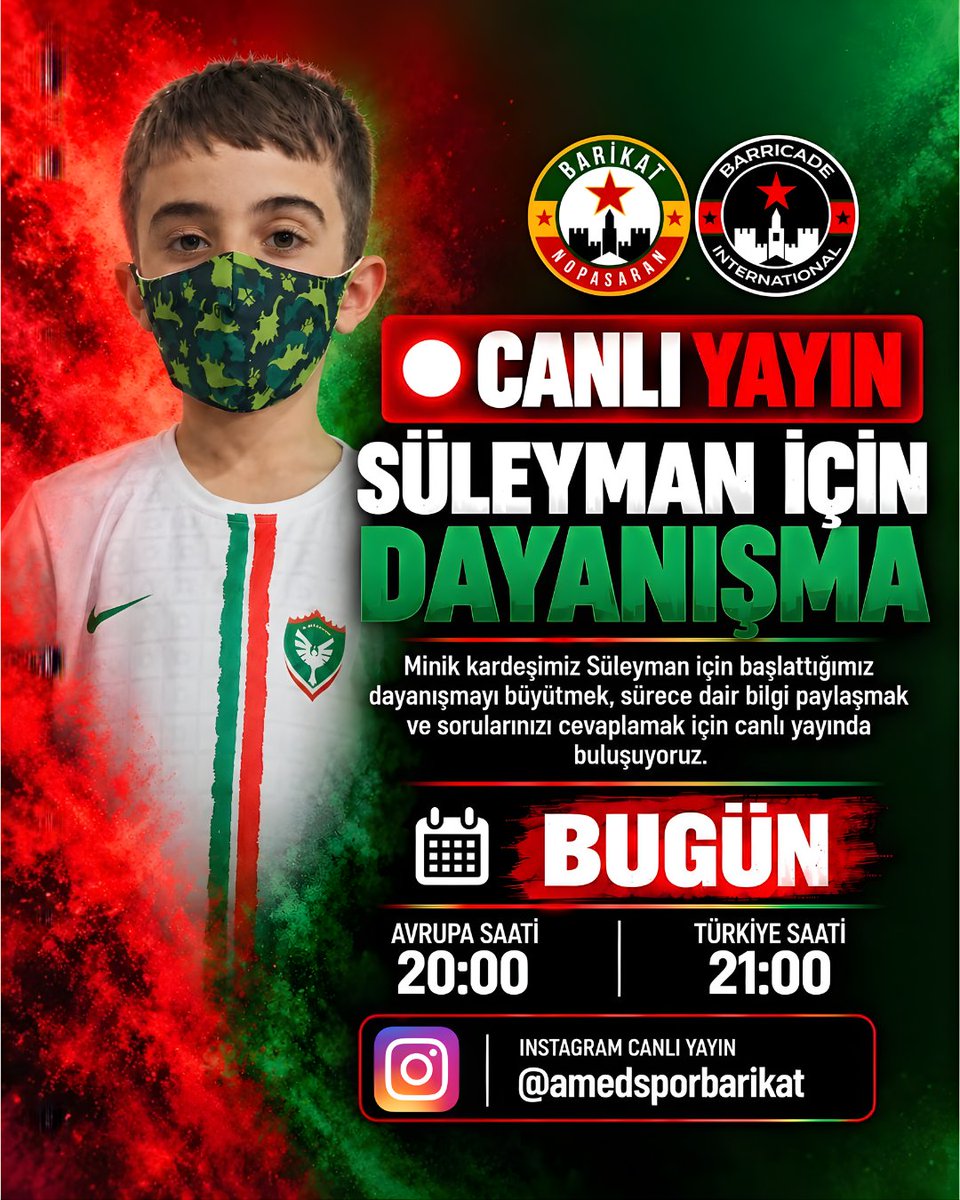 Barricadeinter's tweet photo. Süleyman için dayanışma yayınına herkesi bekliyoruz.

#Amedspor #SuleymanicinDayanisma https://t.co/SPaBnRbqAE