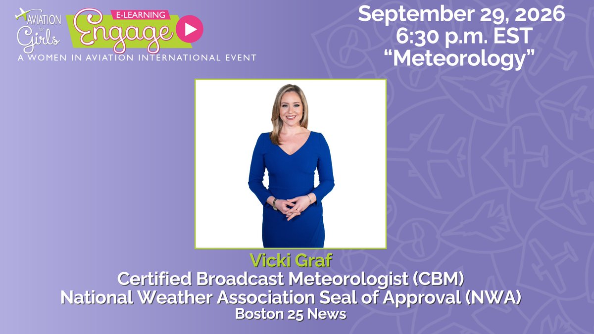 WomenInAviation's tweet photo. ⏰A friendly reminder for our AFG Crew👩‍🔬:

Tune in to the new AFG Engage E-Learning this Tuesday, September 29! Learn all about a day in the life of a meteorologist and create your own cloud. Meet with our Aviation for Girls Guest Specialist, Vicki Graf as she discusses the unique career opportunities as a meteorologist. The live broadcast will begin at 6:30 p.m. EST. 

Register here: https://t.co/afOnu6pNZj

📲For more lessons and activities, download the free Aviation for Girls app: https://t.co/VSe051mZzt

#WomeninAviationInternational #IamWAI #WeAreWAI #AviationforGirls #GirlsinAviationDay #FutureofAviation #GIAD2026 #GIAD26