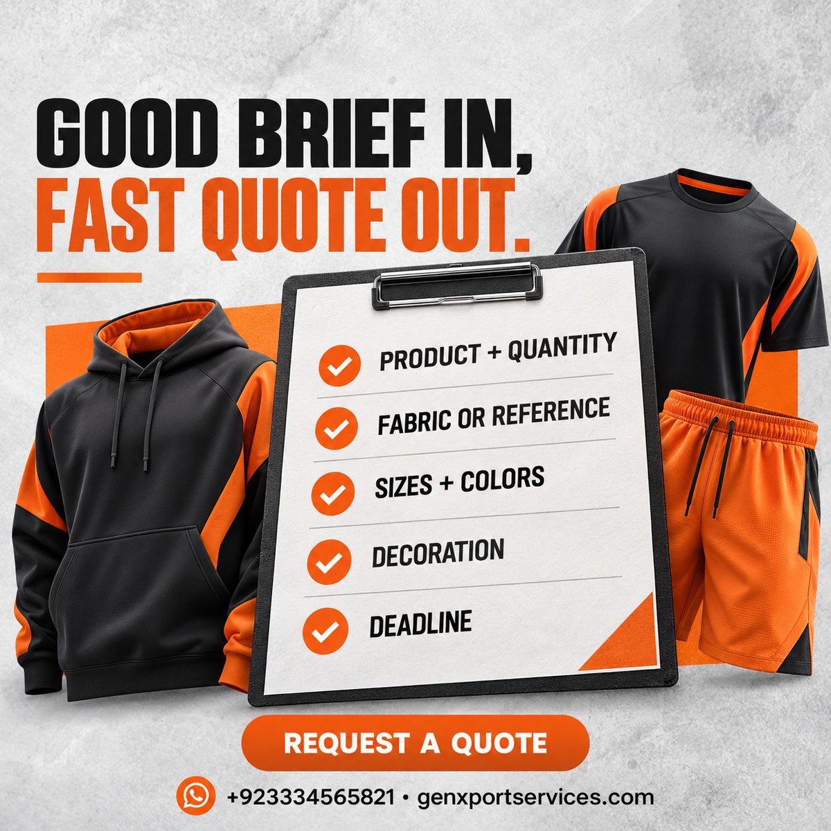 genxport's tweet photo. Quotes stall when briefs are incomplete.

For a faster quote, send:
• Product &amp; quantity
• Fabric/reference
• Sizes &amp; colors
• Decoration
• Deadline

Five lines can get you a real quote faster.

#SourcingTips #RFQ https://t.co/9xoN1WUmnA