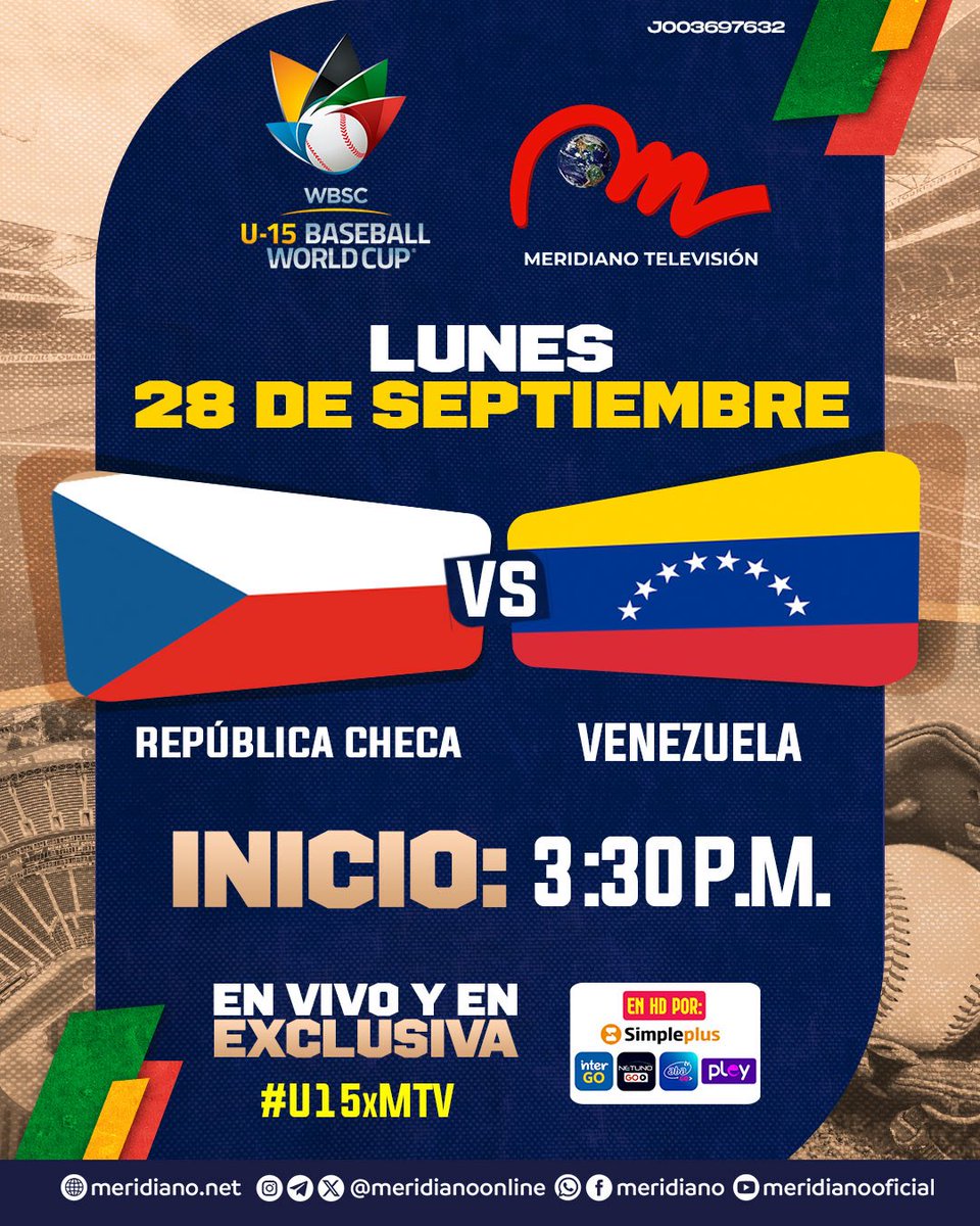 Meridianoonline's tweet photo. 🔥¡TODOS CON EL TEAM BEISBOL VENEZUELA! ⚾

¡Venezuela vuelve al terreno a dejarse el alma, buscando dejar al país en lo más alto! La selección salta al diamante para medirse ante República Checa

🗓️ HOY lunes 28 de septiembre
⏰ Inicio: 3:30 P.M.
🇨🇿 República Checa vs.  🇻🇪 VENEZUELA 

📺 EN VIVO Y EN EXCLUSIVA por Meridiano Televisión

💬 ¡MANDALES TU MENSAJE DE APOYO! Escribe tu mensaje con la etiqueta #U15xMTV ¡Vamos Venezuela!⚾💪