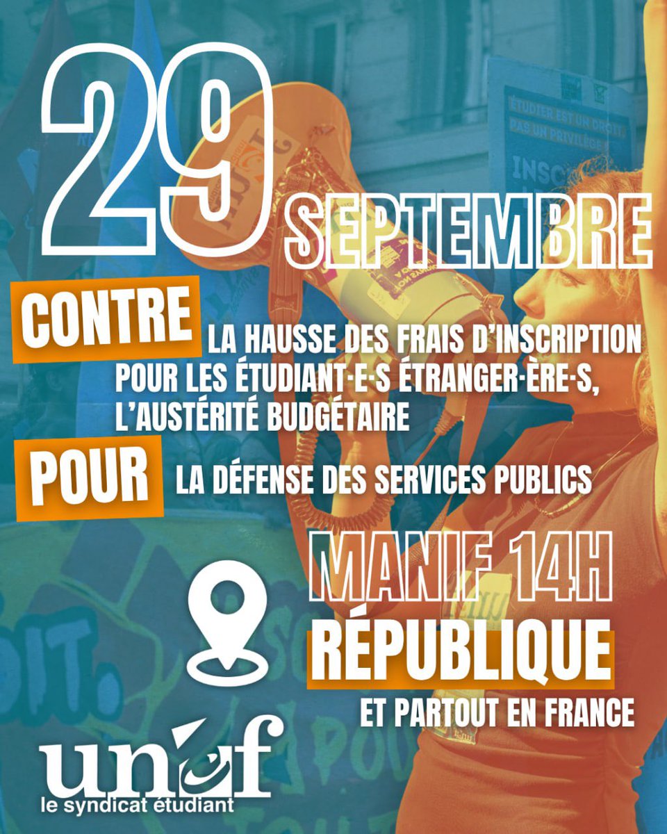 UNEF's tweet photo. Rendez-vous dans la rue demain dans toute la France, pour lutter contre les frais d’inscription différenciés et l’austérité budgétaire, et exiger la défense des services publics ! https://t.co/WmplA3Q686