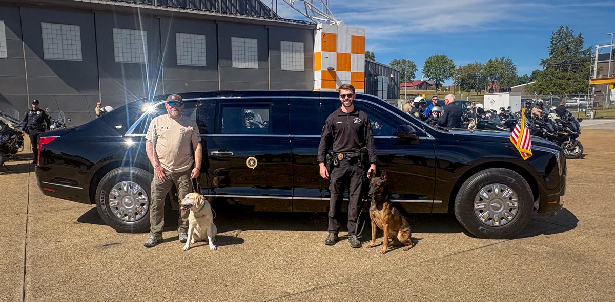 Knoxville_PD's tweet photo. Talk about some hard-working pups! 🐾🇺🇸

On Saturday, KPD Officer Colby Chandler and ATF Special Agent Mark Jordan, along with their K-9 partners Echo and Piper, helped support security efforts for both President Trump's visit and the Tennessee vs. Texas game.

Both teams started their day at 4:00 a.m., conducting pre-event sweeps of Neyland Stadium and the College GameDay set. They later assisted with clearing the presidential motorcade route ahead of the president's visit to the stadium.

Thank you to Officer Chandler, Special Agent Jordan, Echo and Piper for your hard work!