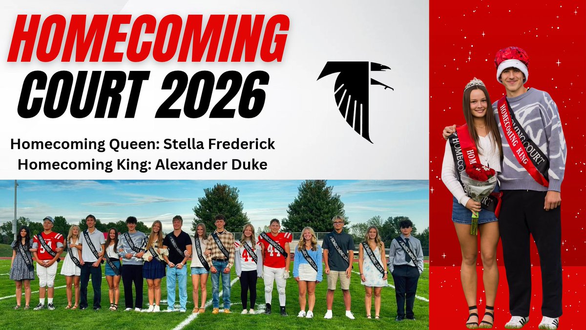 Falcon_update's tweet photo. FHS Homecoming Court 26!
9:  S. Rowley &amp; G.Frombaugh
10: D. Vanderpool &amp; L. Smith
11: A. Schrader &amp; N. Zagar
12:  Ava DeKam   Caleb Crawford
Stella Frederick  Alexander Duke  ~Queen &amp; King
Willow Holloway  Kyle Lance
Josephine Kirby  Andrew Pawlak
Reece Robinson  Luke Radanovich https://t.co/Uhw8B1FK1X