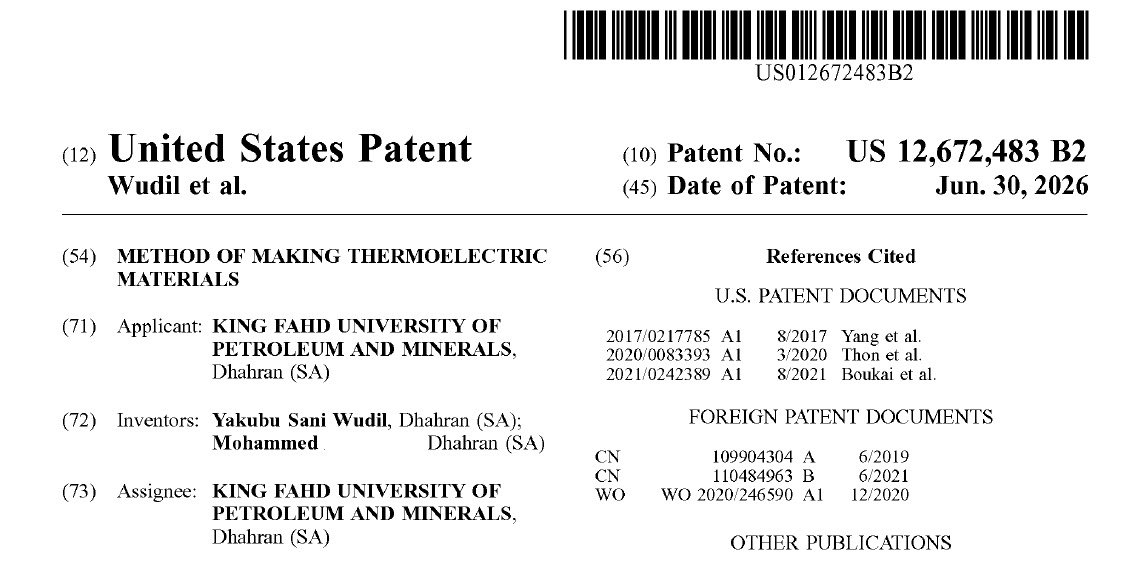 yakubwudil's tweet photo. I am pleased to announce that we have been granted a United States patent on our invention titled “Method of Making Thermoelectric Materials,” by the US Patent and Trademark Office.

This patent represents an important milestone in my research journey in advanced materials science and sustainable energy technologies.

Thermoelectric materials offer exciting opportunities for converting waste heat directly into electricity and enabling solid-state heating and cooling technologies. Advancing the methods used to fabricate these materials is an important step toward improving their performance and expanding their practical applications.

This achievement builds on my broader research interests in thermoelectric materials, computational and AI-driven materials science, semiconductor physics, advanced materials synthesis, and renewable energy technologies. 

I am particularly grateful to King Fahd University of Petroleum & Minerals, the assignee of this patent, for the research environment and institutional support that have contributed to my work.

I welcome opportunities to work with academic institutions, research laboratories, and industry partners across my areas of expertise, applying my skills and experience to advance impactful research, innovation, and technological development.