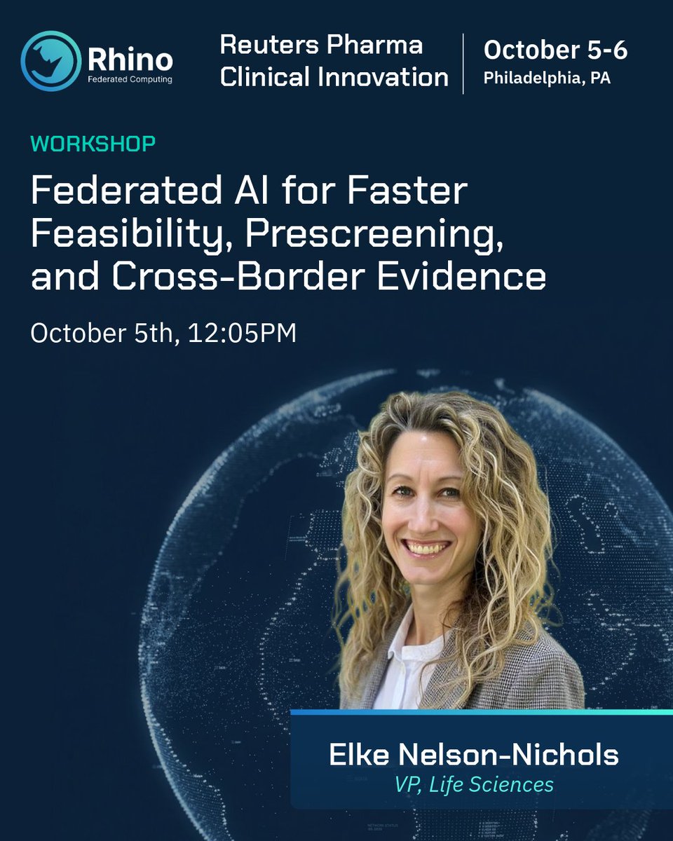rhinofcp's tweet photo. Did your AI pilot fail because the model wasn't good enough, or because it didn't have access to critical data?

At Reuters Pharma Clinical Innovation, Elke Nelson-Nichols will be hosting a hands-on workshop focused on: Federated AI for Faster Feasibility, Prescreening, and Cross-Border Evidence. Daniel Feller will host a live demo showcasing how the Rhino FCP harmonizes data across geographic borders.

What you'll do:

✅ See federated AI in action
Watch one eligibility question run across multiple sites simultaneously—harmonizing local data and identifying patients without moving a single patient-level record.

✅ Pressure-test your own portfolio
Leave with a practical framework showing which feasibility, prescreening, and cross-border evidence use cases can scale now—and what is still blocking them.

Can’t make it to the workshop? Book some time to chat here 👉 https://t.co/0KcXyKgbVh