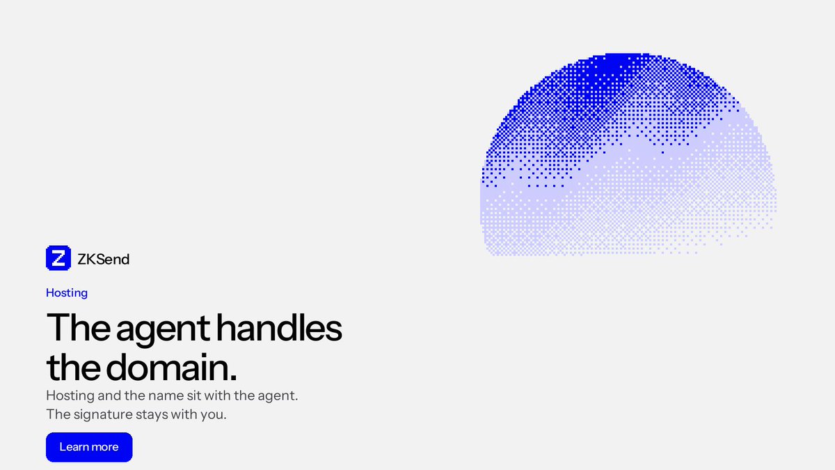 UseZKsend's tweet photo. The agent handles the domain.

Hosting and the name sit with the agent. The signature stays with you. Ask once, and the agent takes the work.

Solana is the primary chain. Robinhood is the settlement chain. The launch is multichain, on Solana and Robinhood.

You still sign anything that leaves.