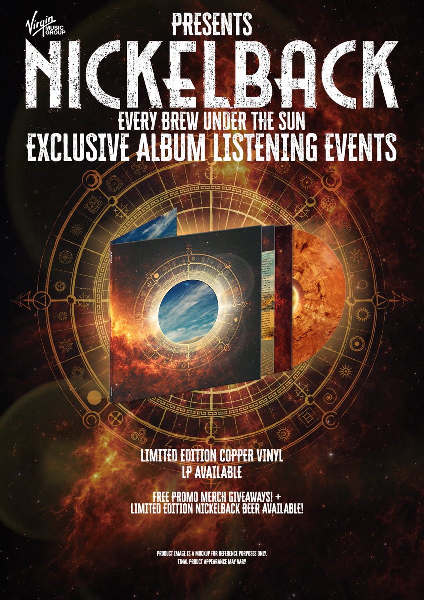 Nickelback's tweet photo. Are you ready to hear our new album ‘Everything Under The Sun’? Get an advanced listen at the following locations around the world and purchase our limited edition 'Everything Under The Sun' Copper LP with participating retailers. Check with your local event for entry access details! 

Exclusive versions of Nickelback beer also available at select events. More details coming soon! #EveryBrewUnderTheSun 

https://t.co/ON5otFZJ6R