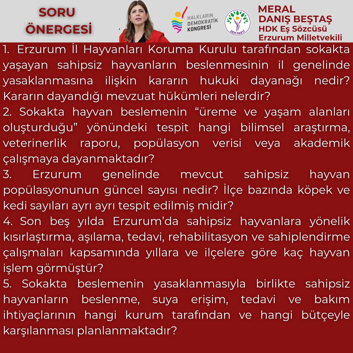 meraldanis's tweet photo. Erzurum İl Hayvanları Koruma Kurulu’nun il genelinde sahipsiz hayvanların beslenmesini yasaklayan kararı; hem Anayasa’mızın 56. maddesine, hem 5199 sayılı Hayvanları Koruma Kanunu’na hem de uluslararası sözleşmelere açıkça aykırıdır!

​Kanun idareye "hayvanı koru, besleme odağı aç ve rehabilitasyon yap" derken; yerel idare yöntem olarak yaşam hakkını gasbetmeyi ve canları açlığa mahkûm etmeyi seçemez.

 Tarım ve Orman Bakanlığı’nın yanıtlaması istemiyle Soru Önergemizi verdik.

​Bu kanunsuz uygulamanın da sokaktaki canların yaşam hakkının da sonuna kadar takipçisi olacağız!