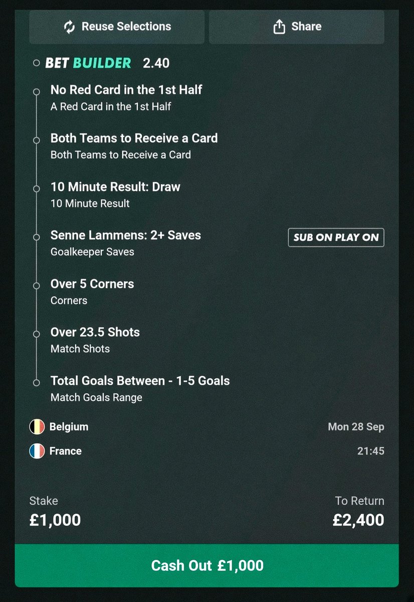 EliteProTips's tweet photo. ⚽ BELGIUM vs FRANCE MEGA BET BUILDER IS LOCKED IN! 🔥

Stacked selection:
- No Red Card in 1st Half
- Both Teams to Receive a Card
- 10 Min Result: Draw
- Lammens 2+ Saves
- Over 5 Corners
- Over 23.5 Shots
- Goals between 1-5

Big international night, big ticket! 👀
Bet Link: https://t.co/UUSLKA2hlu