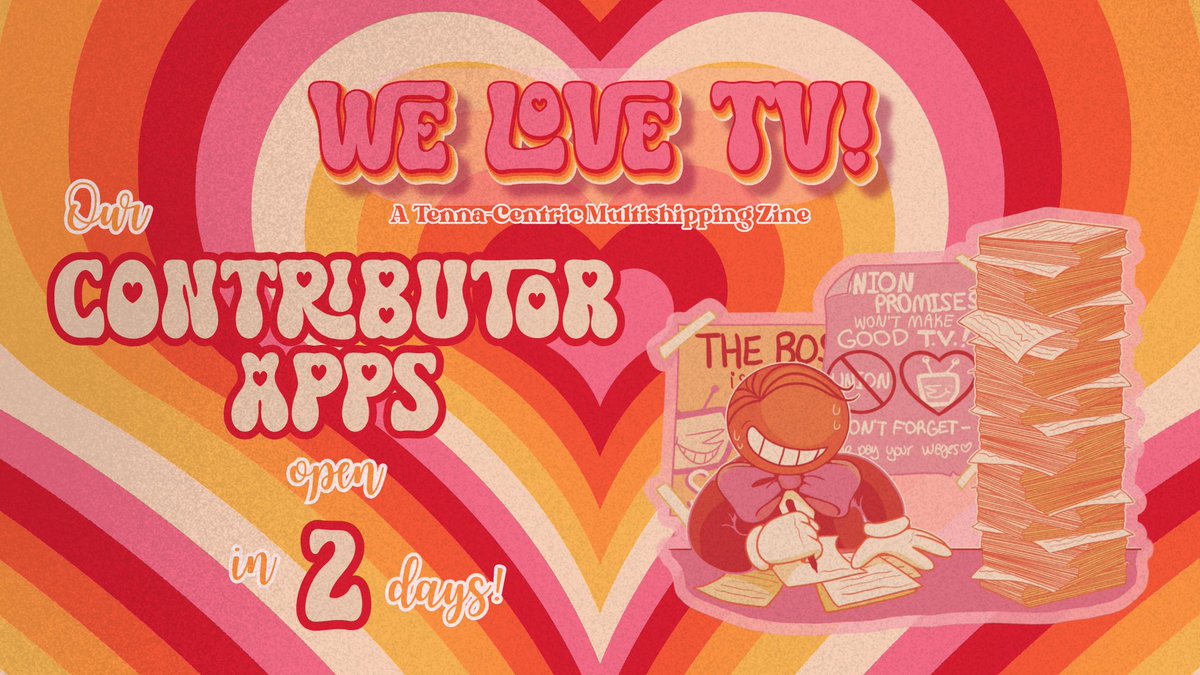 welovetvzine's tweet photo. 🎵EVERYDAY, IT'S A-GETTING CLOSER...!🎶

Love like yours will surely come our way... Your LOVE for TV, that is!

WE LOVE TV!: A Tenna-centric Multishipping Zine is opening Contributor Applications in 2 days! (1/3) https://t.co/BZfTtbc7hw