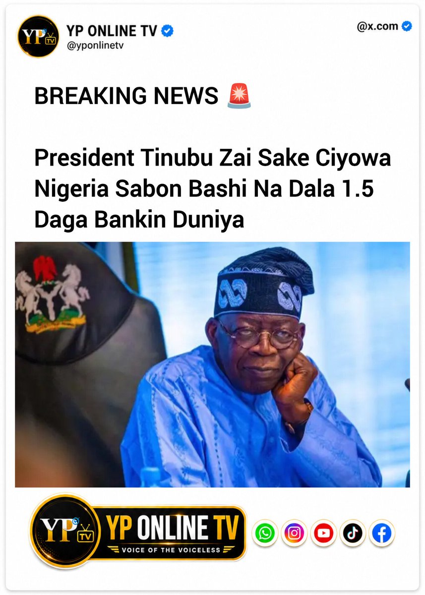 YPonlineTV's tweet photo. Tun bayan da Shugaba Bola Tinubu ya karbi karagar mulkin Najeriya a shekarar 2023, jimlar bashin da gwamnatinsa ta ciyo wa kasar ya haura Naira tiriliyan 150. https://t.co/PHIYkqdF6j