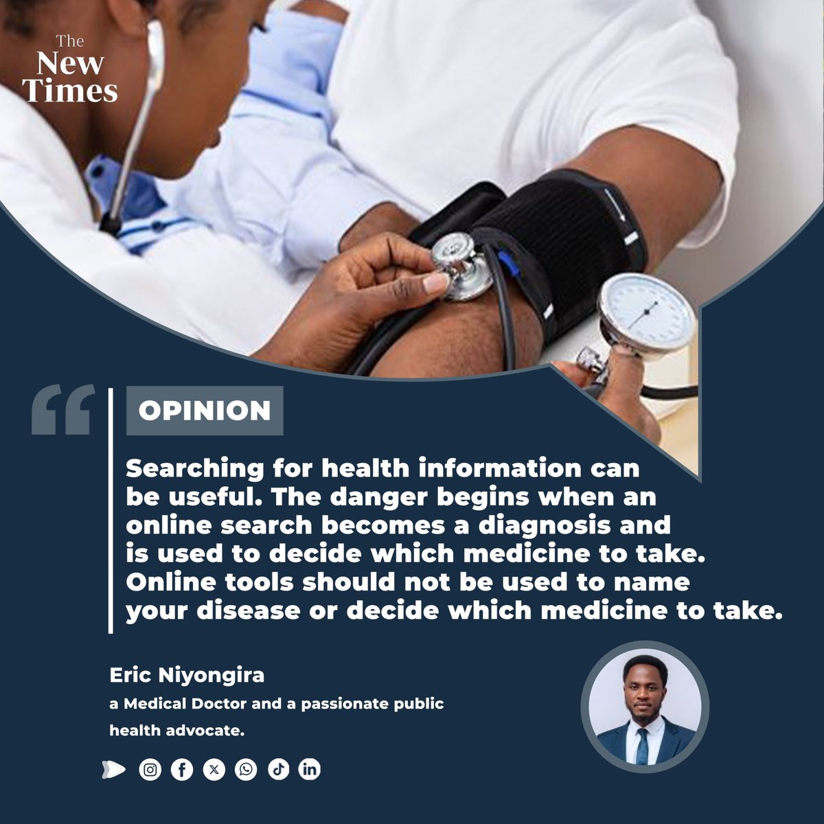 Cyubahiro_01's tweet photo. Health in Focus || Google is not a doctor. AI is not a diagnosis.

When a fever, headache or persistent cough appears, it can be tempting to search the symptoms online or ask AI and conclude, “This is what I have.”

But the same symptom can be caused by very different conditions. A proper diagnosis may require a medical history, physical examination and, when necessary, laboratory or imaging tests.

AI and online health information can help us learn, ask better questions and understand our health. But they should not replace the assessment of a qualified health professional.

Use technology to become better informed, not to replace professional care.

Thank you Dr Eric Niyongira(@EricNiyongira1 )for rising This conversation which is contributing to misinformation and false diagnosis in the society 
@Annemwiza @mutesi_lydie @PMudakikwa @kundwahealth