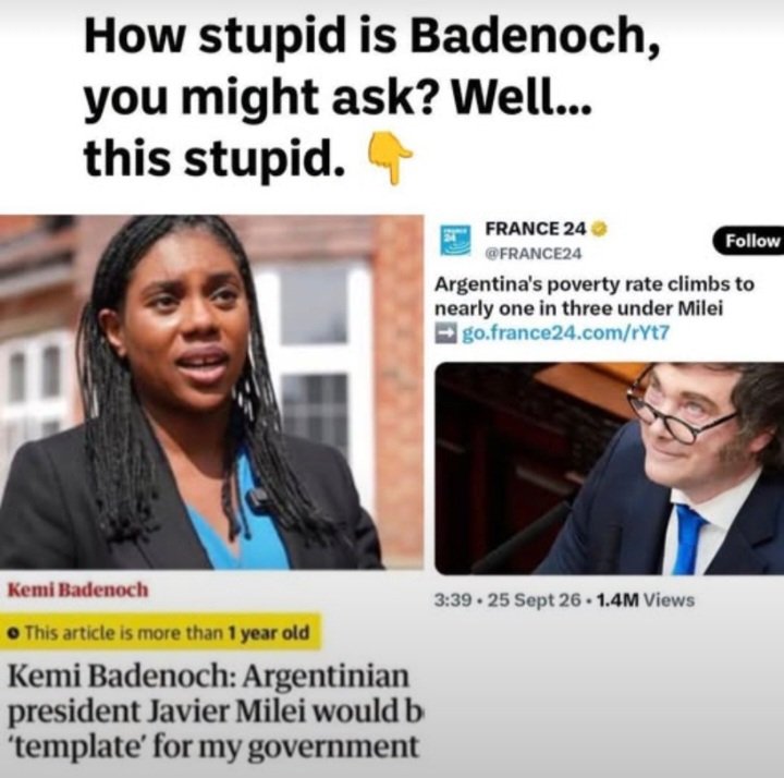 ginovece74's tweet photo. Tory Kemi Badenoch's blueprint is Argentina under president Milie a country that had to be bailed out by Trump, inflation 30+ percent, 1 in 3 in poverty. 

Replicated here 23 million britons would be  plunged into poverty. https://t.co/gMRrEmlTqO