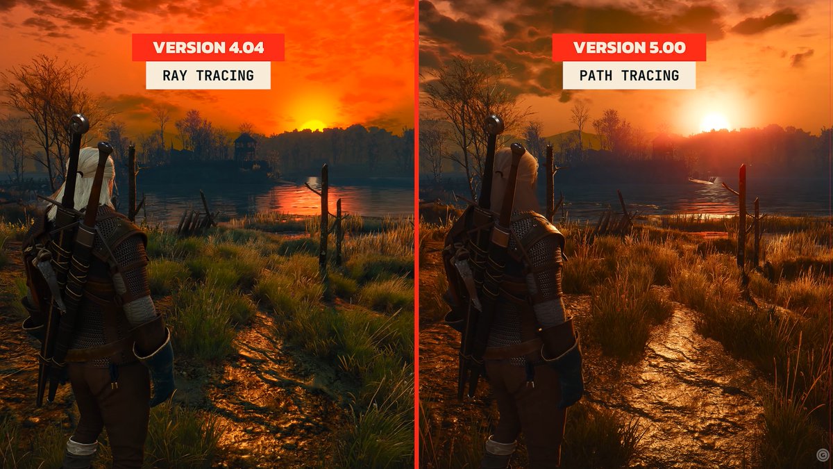 DuskXLucid's tweet photo. The Witcher 3 Remastered: 4.04 RT vs 5.00 RT vs 5.00 Path Tracing. 🐺🔥I still don't have access to the Remastered version, so I had to borrow a few frames from an early comparison video.Path Tracing looks like a completely different game.And yes... I really need to get my hands on this. 💀

Source video: https://t.co/EFC6OkHNJA 

#TheWitcher3 #Witcher3Remastered #PathTracing #RayTracing #Gaming