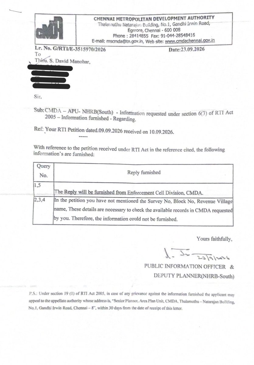 DavidManohar7's tweet photo. This RTI reply clearly shows the CMDA officials in collusion with violators & are safeguarding  violators. As there are no door numbers on Radial Road and Survey number details aren't available to all, have mentioned the nearest landmark building. Also Bilal Restaurant is a landmark building in itself, which any tom, dick & harry will identify on Radial Road. Also why is PIO not providing information to all queries.
If Enforcement cell can furnish details for the two queries based on the same address details, why  other 3 queries for which  information is sought not provided.
This reply showcasing TRANSPARENCY the TVK Govt talks loud.   @CMOTamilnadu @CTR_Nirmalkumar
@Chief_Secy_TN @GSBediIAS
@CMDA_Official @rnadh @DISTRICTCPT @TVKVijayHQ