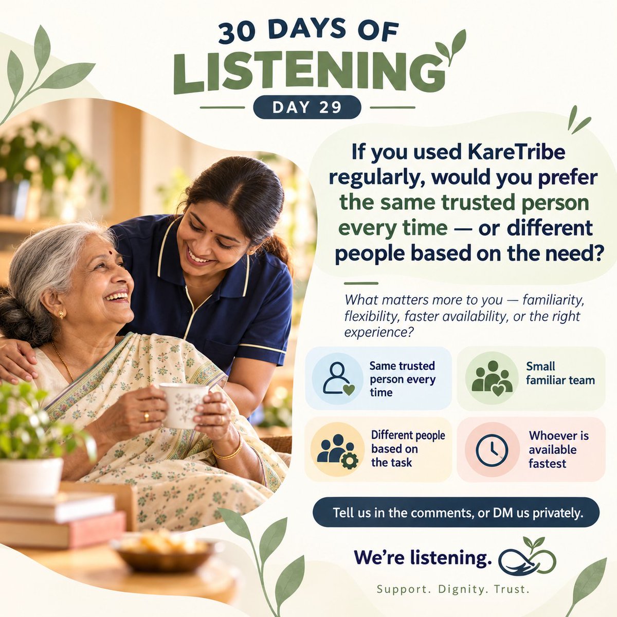 karetribe's tweet photo. 30 DAYS OF LISTENING — DAY 29 💚

If you used KareTribe regularly, what would you prefer?

Same trusted person, a small familiar team, or different people based on the need?

What matters most — familiarity, flexibility, speed or experience?

#KareTribe https://t.co/m0Tnl255zk