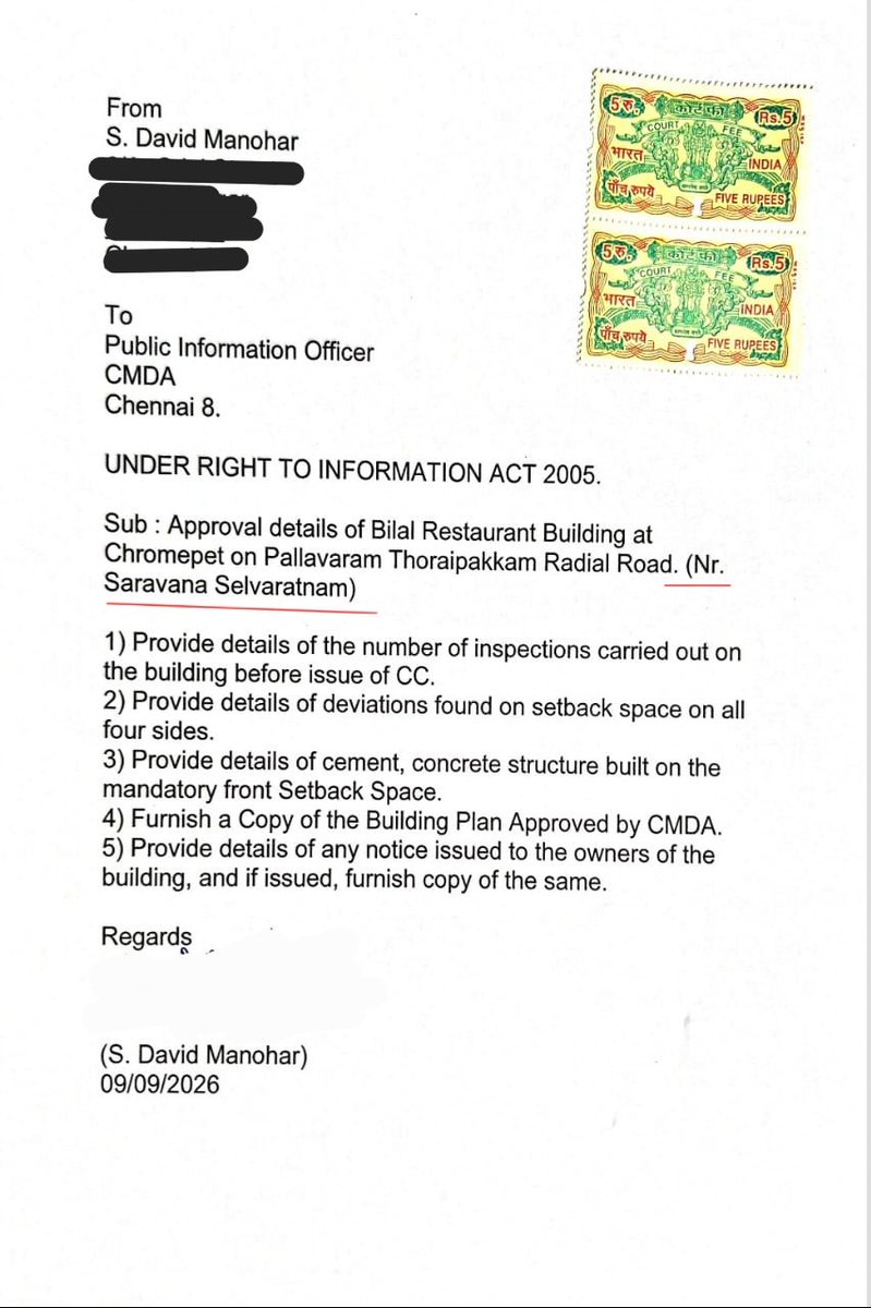 DavidManohar7's tweet photo. This RTI reply clearly shows the CMDA officials in collusion with violators & are safeguarding  violators. As there are no door numbers on Radial Road and Survey number details aren't available to all, have mentioned the nearest landmark building. Also Bilal Restaurant is a landmark building in itself, which any tom, dick & harry will identify on Radial Road. Also why is PIO not providing information to all queries.
If Enforcement cell can furnish details for the two queries based on the same address details, why  other 3 queries for which  information is sought not provided.
This reply showcasing TRANSPARENCY the TVK Govt talks loud.   @CMOTamilnadu @CTR_Nirmalkumar
@Chief_Secy_TN @GSBediIAS
@CMDA_Official @rnadh @DISTRICTCPT @TVKVijayHQ