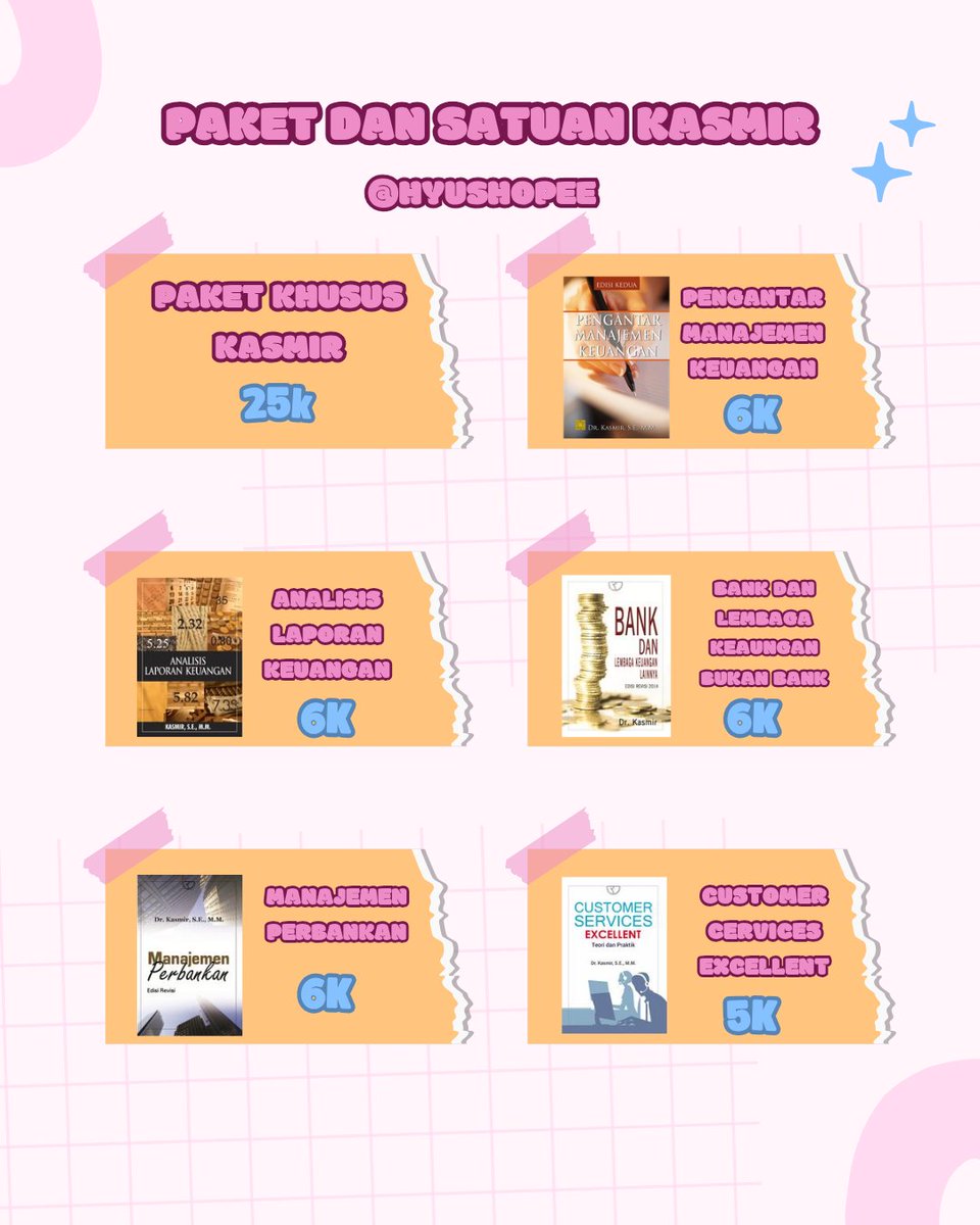 hyushopee's tweet photo. 📚 YANG LAGI CARI EBOOK KASMIR MERAPAT 👀

tersedia beberapa ebook Kasmir dengan harga mulai dari 5K ✨

💸 tersedia satuan
🎀 ada paket juga
📩 order via link di bio
💌 DM / WhatsApp kalau mau tanya ketersediaan

langsung cek bio sebelum kehabisan ♡ https://t.co/HzKPVDLtzR