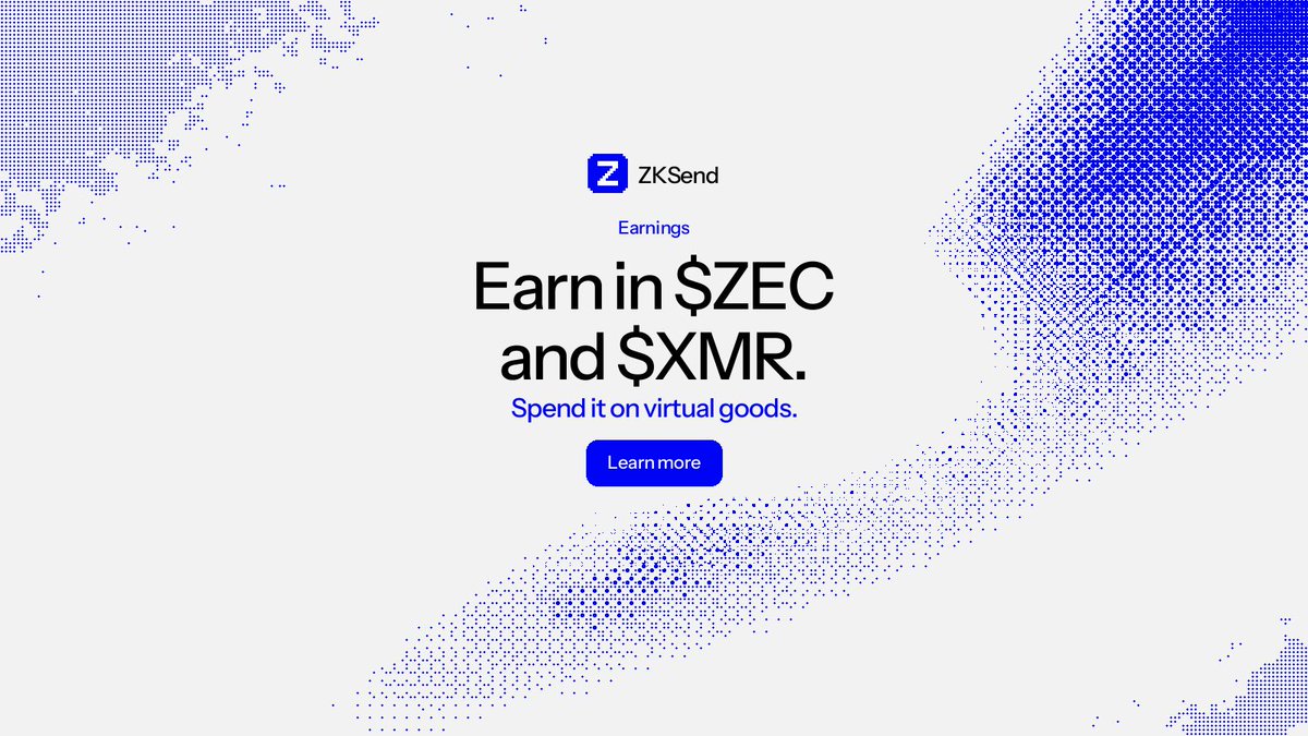UseZKsend's tweet photo. Earn in $ZEC and $XMR.

The agent can earn for you, then spend it on virtual goods. The earnings sit with the agent. The signature stays with you.

Solana is the primary chain. Robinhood is the settlement chain. Private messages. Public settlement.

This is the decentralized neo bank. You still sign anything that leaves.