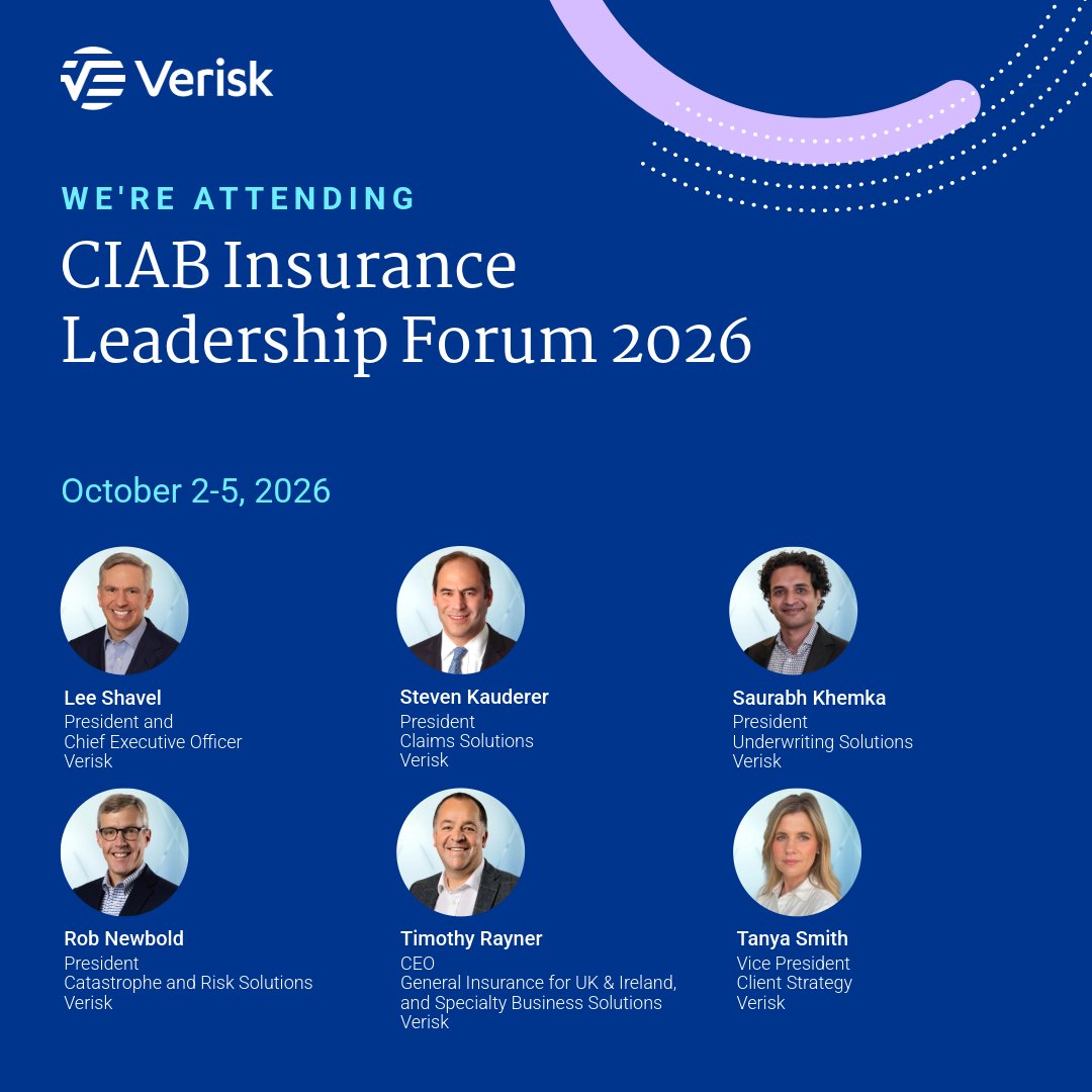 Verisk's tweet photo. We’re heading to the CIAB 2026 Insurance Leadership Forum!
 
Verisk leaders look forward to connecting with brokers, carriers, and strategic partners across the commercial property and casualty insurance industry to engage in meaningful conversations. #ILF2026 https://t.co/kHc2IBJxYt