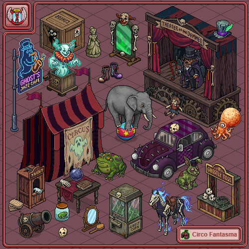 MeuHabblet's tweet photo. Respeitável público, prepare-se para um espetáculo de arrepiar! 👻

A nova coleção exclusiva criada por @Wniversoo acabar de chegar ao catálogo Habblet: Circo Fantasma 🎪 https://t.co/pyxIkzHLss