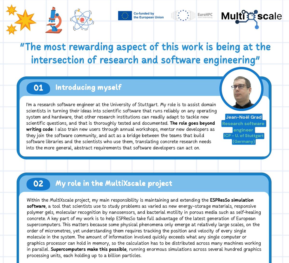 MultiXscale's tweet photo. ✨ 🔬 Read the interviews to our MultiXscale members for the European Researchers’ Night!

➡️ https://t.co/YTQEESPlj3

#ERN #EuropeanResearchersNight #MultiXscale #Supercomputing #Software https://t.co/NOvW0niBaP