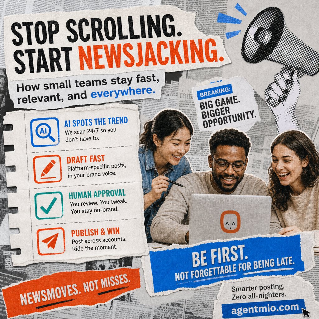 AgentMio's tweet photo. 92% of viral moments peak within 24hrs. Agent Mio spots the trend, drafts platform-specific posts for every brand you manage, then waits for your approval before publishing. Newsjack fast, stay on-brand. https://t.co/hilfXvQDAC #AIMarketing #SocialMediaTools https://t.co/1Kj075R9FU