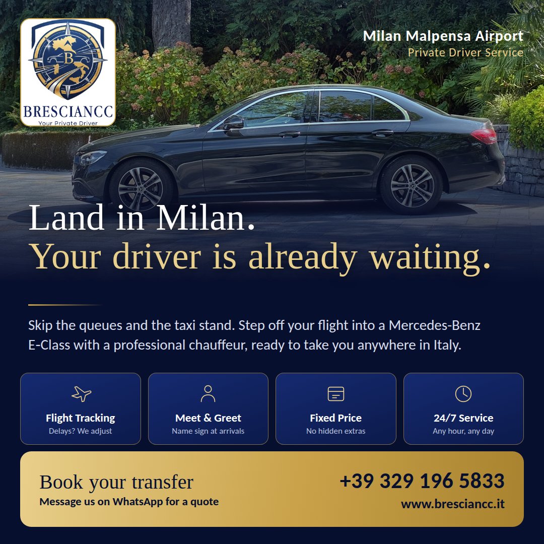 taxiinmilan's tweet photo. Touch down at Milan Malpensa and head straight to Brescia with zero stress.
Book executive travel with Private Driver Brescia Ncc
https://t.co/QslmtA7naF https://t.co/4dXThegkWa
#MilanMalpensa #Brescia #PrivateDriver #Chauffeur #ItalyTravel #BusinessTravel #NCCHire https://t.co/GatbPuiyK4