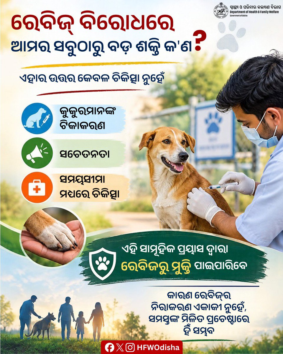 HFWOdisha's tweet photo. ରେବିଜ୍ ବିରୋଧରେ ଲଢ଼େଇ କେବଳ ଚିକିତ୍ସାରେ ନୁହେଁ, ଟିକାକରଣ, ସଚେତନତା ଓ ସମୟରେ ସଠିକ୍ ପଦକ୍ଷେପ ନେବା ଦ୍ୱାରା ହିଁ ସମ୍ଭବ।
ଆସନ୍ତୁ, ସମସ୍ତେ ମିଳିମିଶି ନିଜ ଦାୟିତ୍ୱ ତୁଲାଇବା ଏବଂ ରେବିଜ୍-ମୁକ୍ତ ସୁସ୍ଥ ସମାଜ ଗଢ଼ିବା।
#RabiesFreeWorld #RabiesAwareness #RabiesPrevention #Vaccination #OdishaHealth https://t.co/DuvEEdnXyC