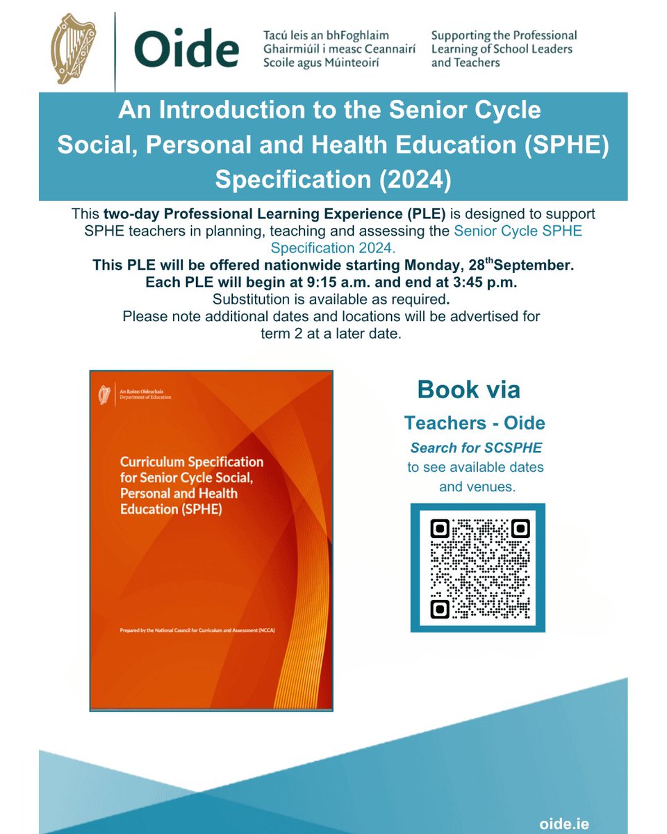 eckilkenny's tweet photo. Two-day Professional Learning for Senior Cycle SPHE Teachers.

To register, click the following link and search up SCSPHE: https://t.co/DGQ56FCnti

#Oide #SPHE #EducationIreland #KilkennyEducationSupportCentre #KESC https://t.co/GZRUM2JsZj