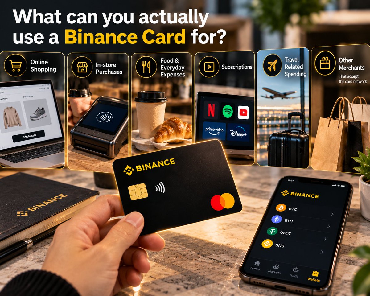NovaElle_'s tweet photo. What can you actually use a Binance Card for?

That’s what I’ve been exploring beyond simply testing whether the card works.

Depending on merchant acceptance and your card’s availability, it can fit into different types of everyday spending:

→ Online shopping
→ In-store purchases
→ Food & everyday expenses
→ Contactless payments
→ Subscriptions
→ Travel-related spending
→ Other merchants that accept the card network

What I find interesting is that none of this really feels like a crypto transaction.

You’re simply paying for something you need, while Binance Card creates the bridge between your crypto and everyday spending.

I’ve already tested mine online and at a physical store — now I’m exploring where else it fits into my routine.

Crypto becomes a lot more interesting when you can actually use it.

#Binance #BinanceCard #LearnWithBinance
