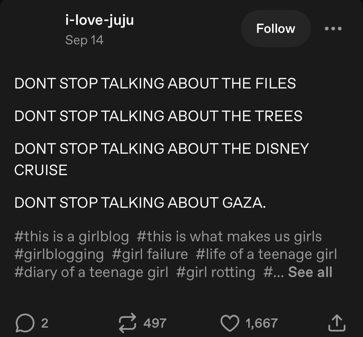 Idkive_'s tweet photo. The concept of talking about the files and Gaza then putting #girlblogging https://t.co/cce8ORQGZt