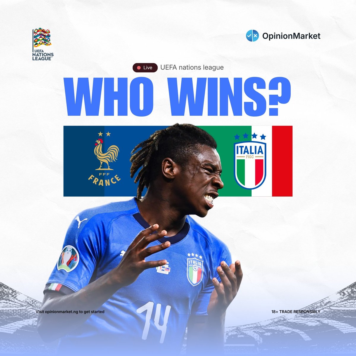 betsodds_'s tweet photo. Blue vs blue. Stars vs stars.
France or Italy who walks out of this Nations League clash on top?
Don’t just shout it in the group chat. Put it on the market.
https://t.co/JB6lmc4aeh

18+ Trade responsibly. https://t.co/6l59uz1pBQ