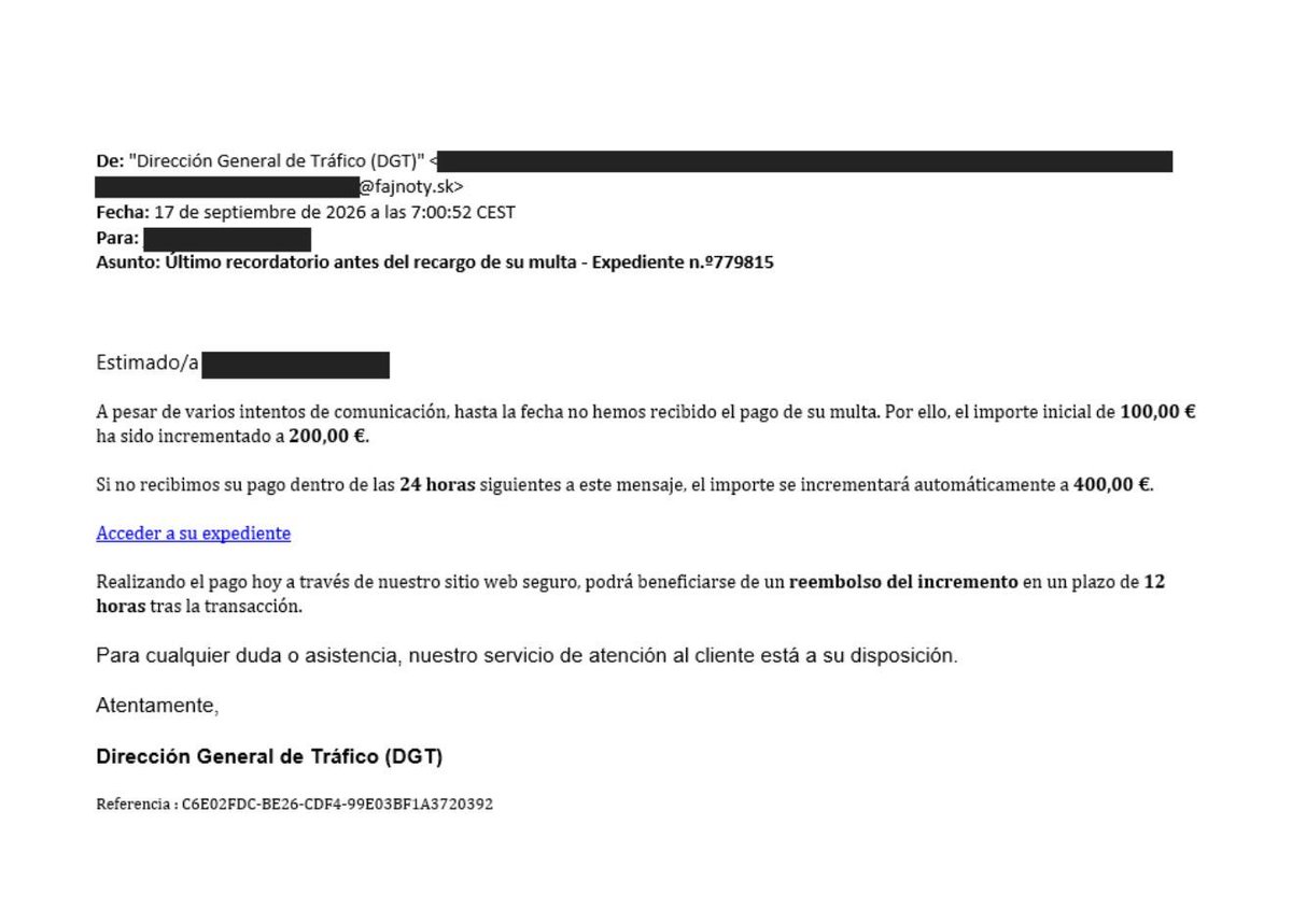 policiademadrid's tweet photo. 🚨¿Una multa de la DGT por SMS o correo? Ojo: puede ser una estafa.
👉El enlace lleva a una web falsa que imita a la DGT. No facilites datos, cierra la web y elimina el mensaje.
Si has facilitado datos, cambia las contraseñas y contacta con tu banco.
#internetSeguro
#PMM https://t.co/asaaWTujp5