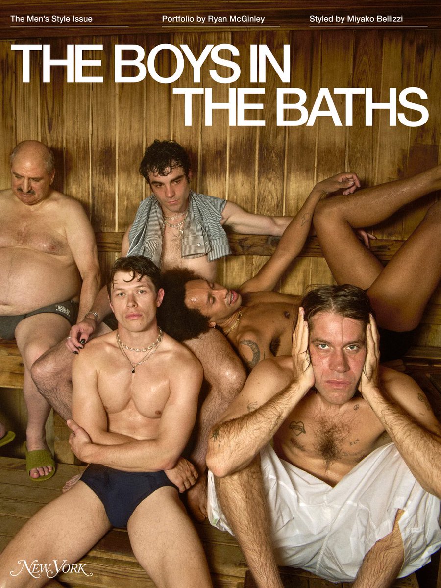 NYMag's tweet photo. For our inaugural “Men’s Style Issue,” we shvitzed and kibitzted with some of New York’s most stylish men at the Russian &amp; Turkish Baths in the East Village, where photographer Ryan McGinley captured it all: https://t.co/11QSqJZE58 https://t.co/sAiIyETaRJ