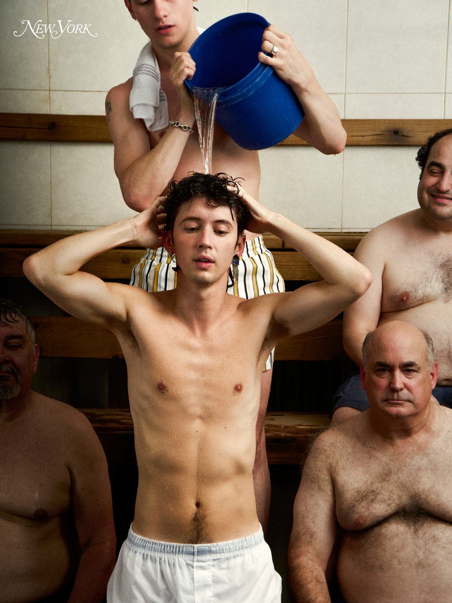 NYMag's tweet photo. For our inaugural “Men’s Style Issue,” we shvitzed and kibitzted with some of New York’s most stylish men at the Russian &amp; Turkish Baths in the East Village, where photographer Ryan McGinley captured it all: https://t.co/11QSqJZE58 https://t.co/sAiIyETaRJ