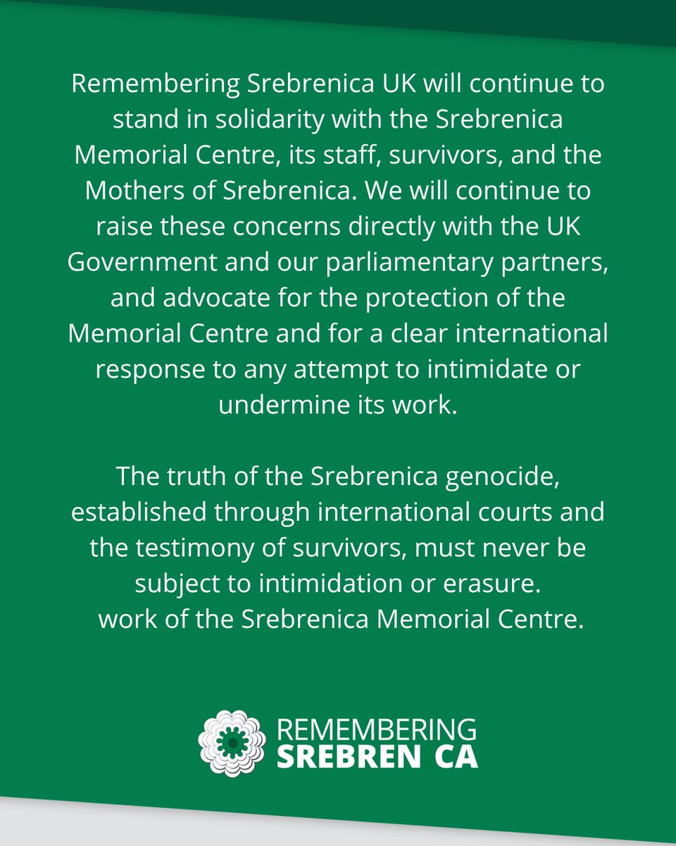 SrebrenicaUK's tweet photo. Remembering Srebrenica UK is deeply concerned by the statement issued by @suljagicemir1, Director of the Srebrenica Memorial Centre, warning of a possible police operation against the Centre and further action against him personally. https://t.co/G3Pq4lrDmV